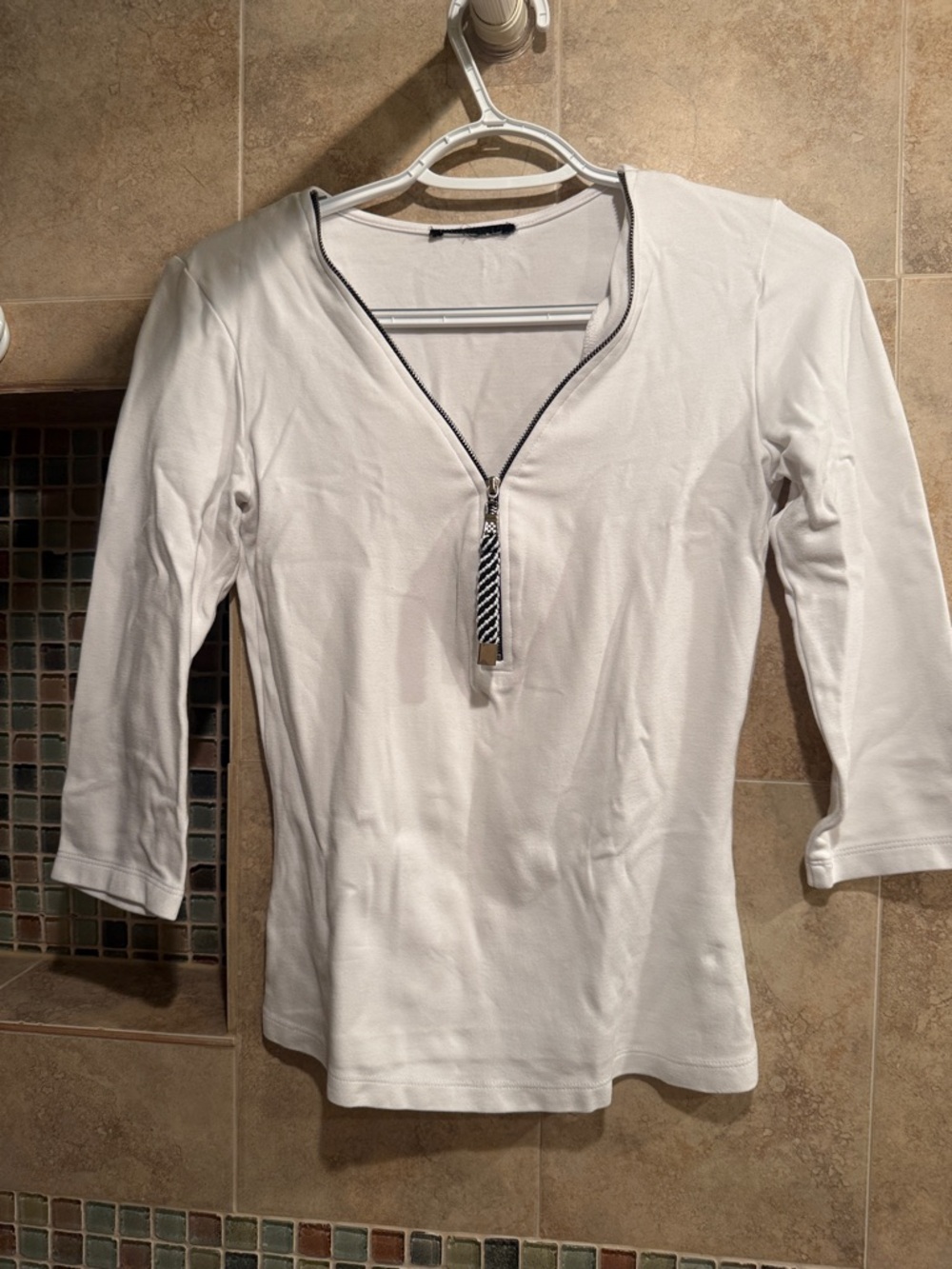 Women’s White Zip-Front Long Sleeve Tee with Contrast Trim